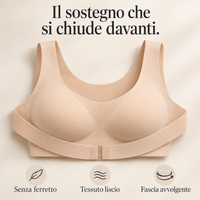 Reggiseno posturale: sostegno con fascia che si chiude davanti, senza ferretto e tessuto liscio