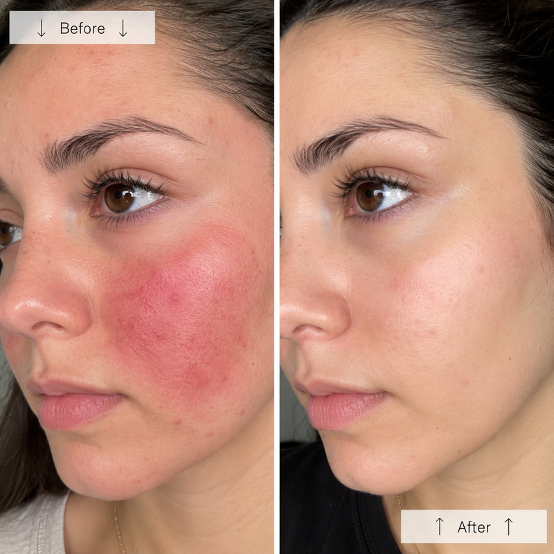 Risultato fototerapia LED — before after rossore cutaneo