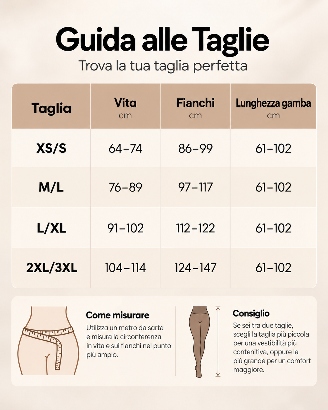 Guida alle taglie dei collant felpati: vita, fianchi e lunghezza gamba in cm