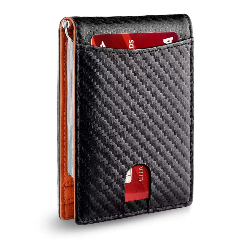 Portafoglio Slim Uomo con Fermasoldi — Blocco RFID, Effetto Carbonio