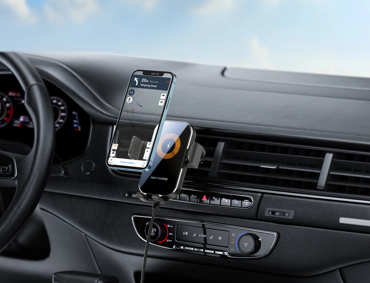 Supporto auto con chiusura automatica e ricarica wireless - appoggi il telefono, si chiude da solo