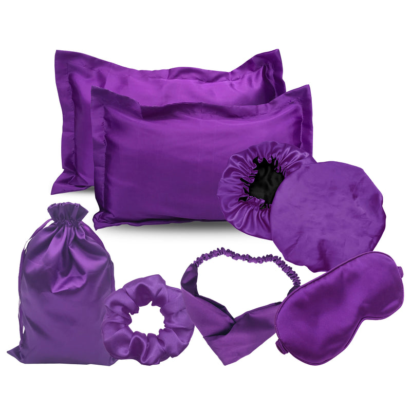 Set notte in raso rosa con federa bonnet e accessori capelli