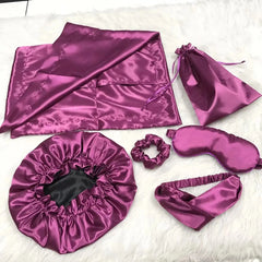 Set notte in raso viola con bonnet scrunchies e mascherina