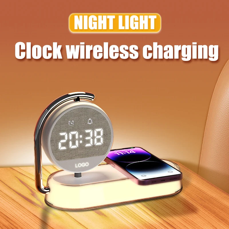 Lampada da Comodino 3-in-1 con Ricarica Wireless — Sveglia LED e Luce Soffusa