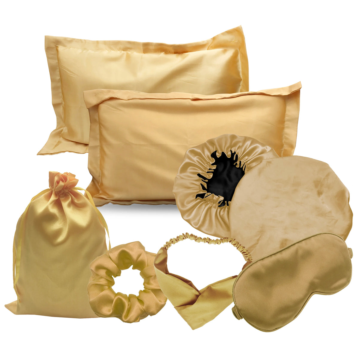 Set notte in raso oro con federa e accessori coordinati