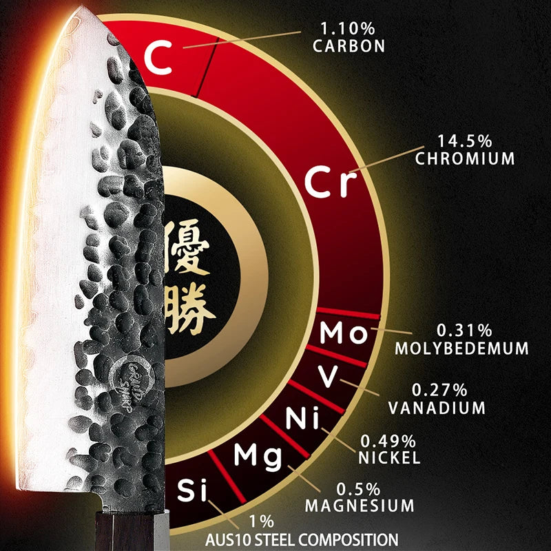 Coltello Santoku Forgiato in Acciaio AUS10 — Manico in Legno Mkuruti, con Fodero