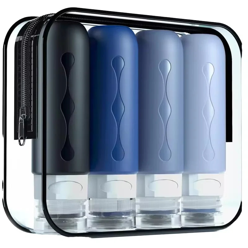 Set Flaconi da Viaggio 4-in-1 90ml TSA — Silicone Ricaricabile Anti-Perdita