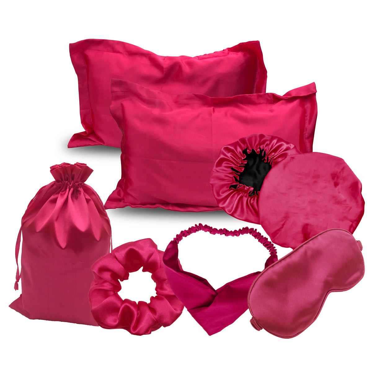 Set notte in raso viola con federa bonnet e accessori capelli