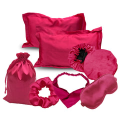 Set notte in raso viola con federa bonnet e accessori capelli