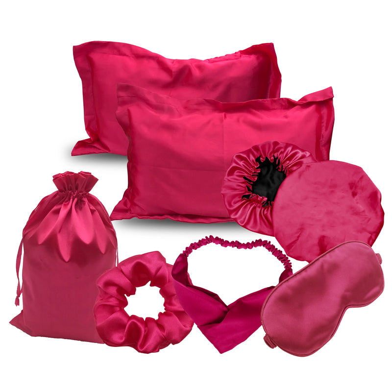 Set notte in raso viola con federa bonnet e accessori capelli
