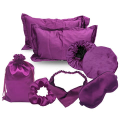 Set notte in raso fucsia con federa bonnet e accessori capelli