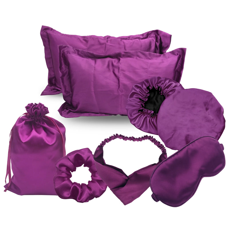 Set notte in raso fucsia con federa bonnet e accessori capelli