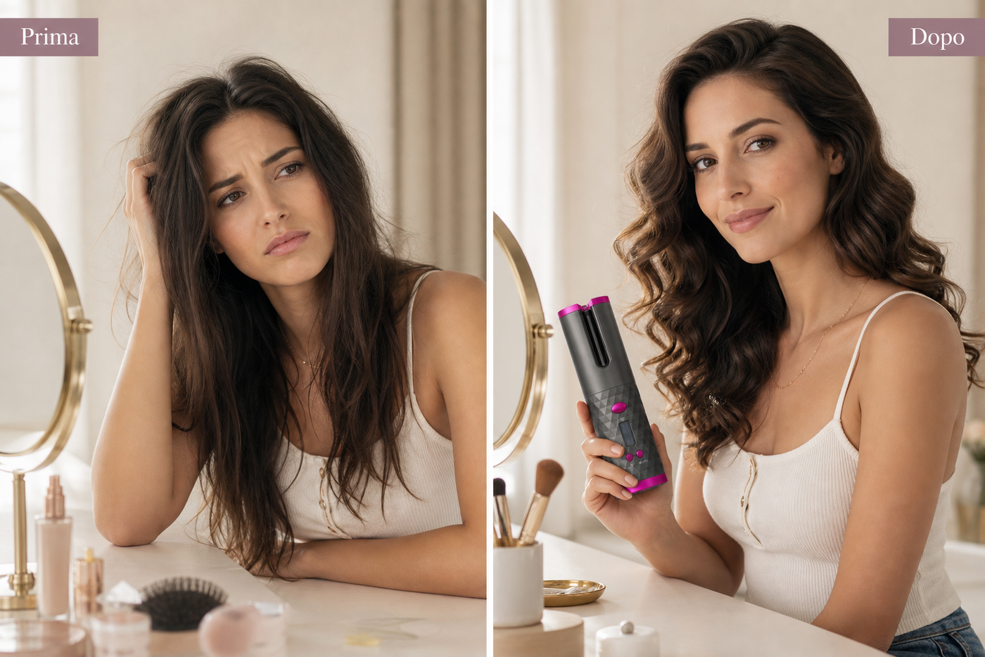 Prima e dopo styling con arricciacapelli automatico cordless