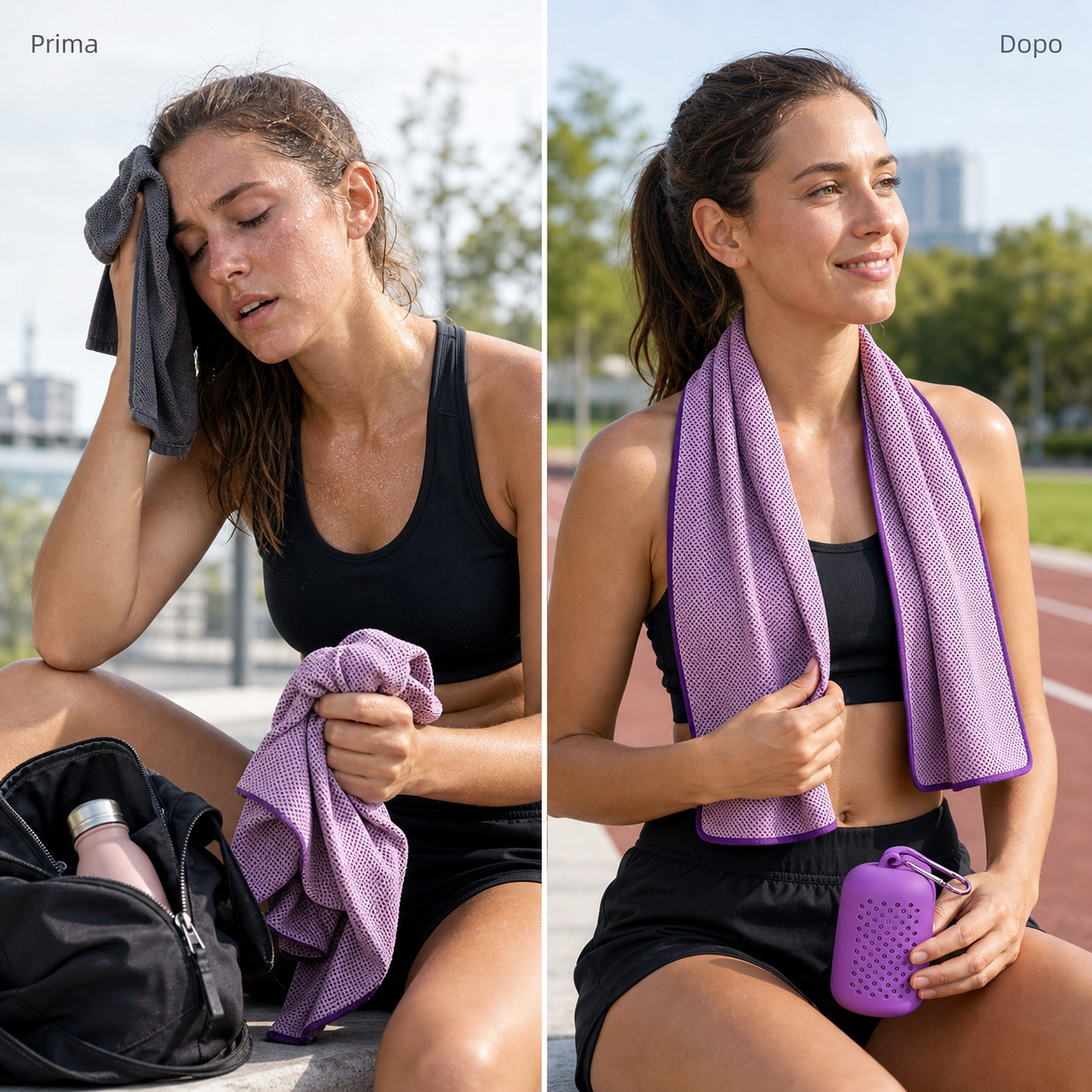 Prima e dopo: più comfort dopo l'allenamento con asciugamano raffreddante
