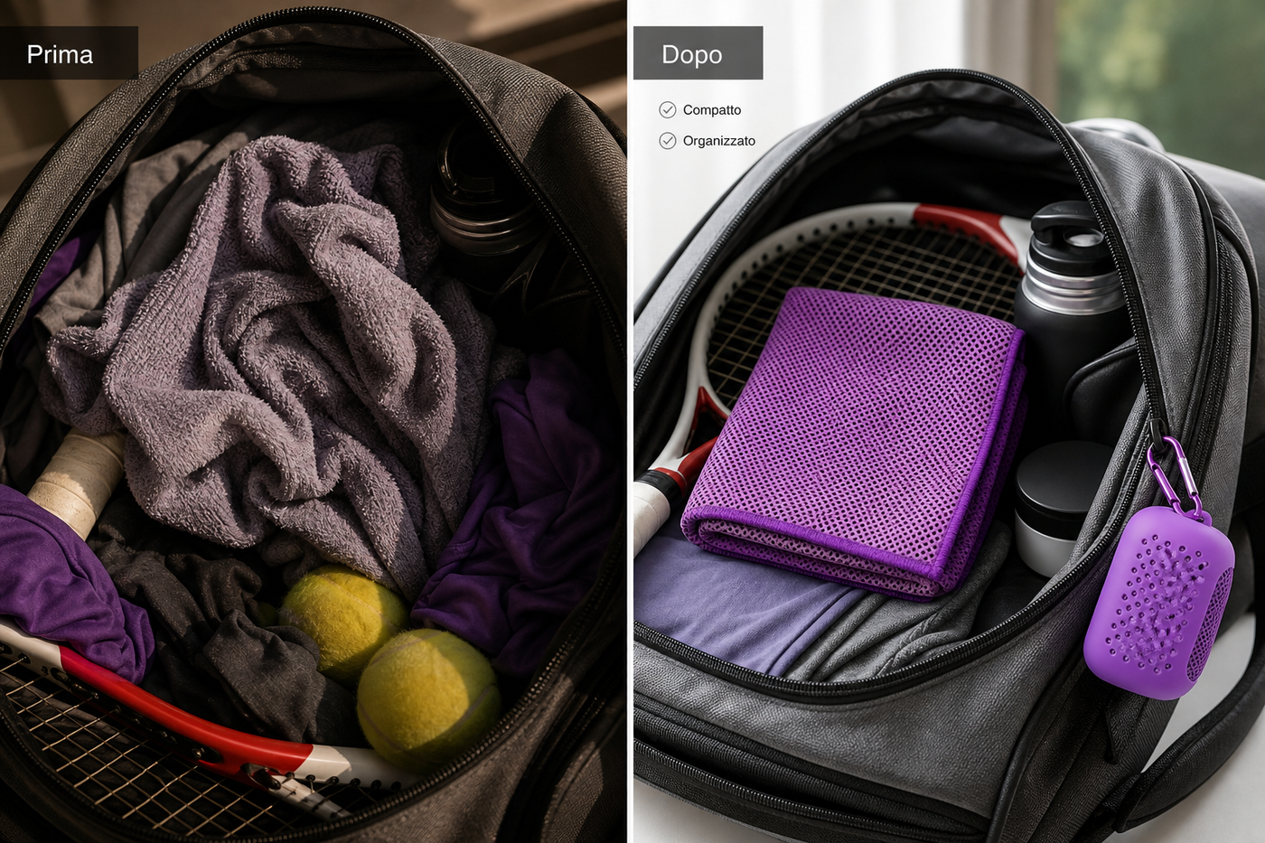 Prima e dopo: borsa sportiva organizzata con towel compatto