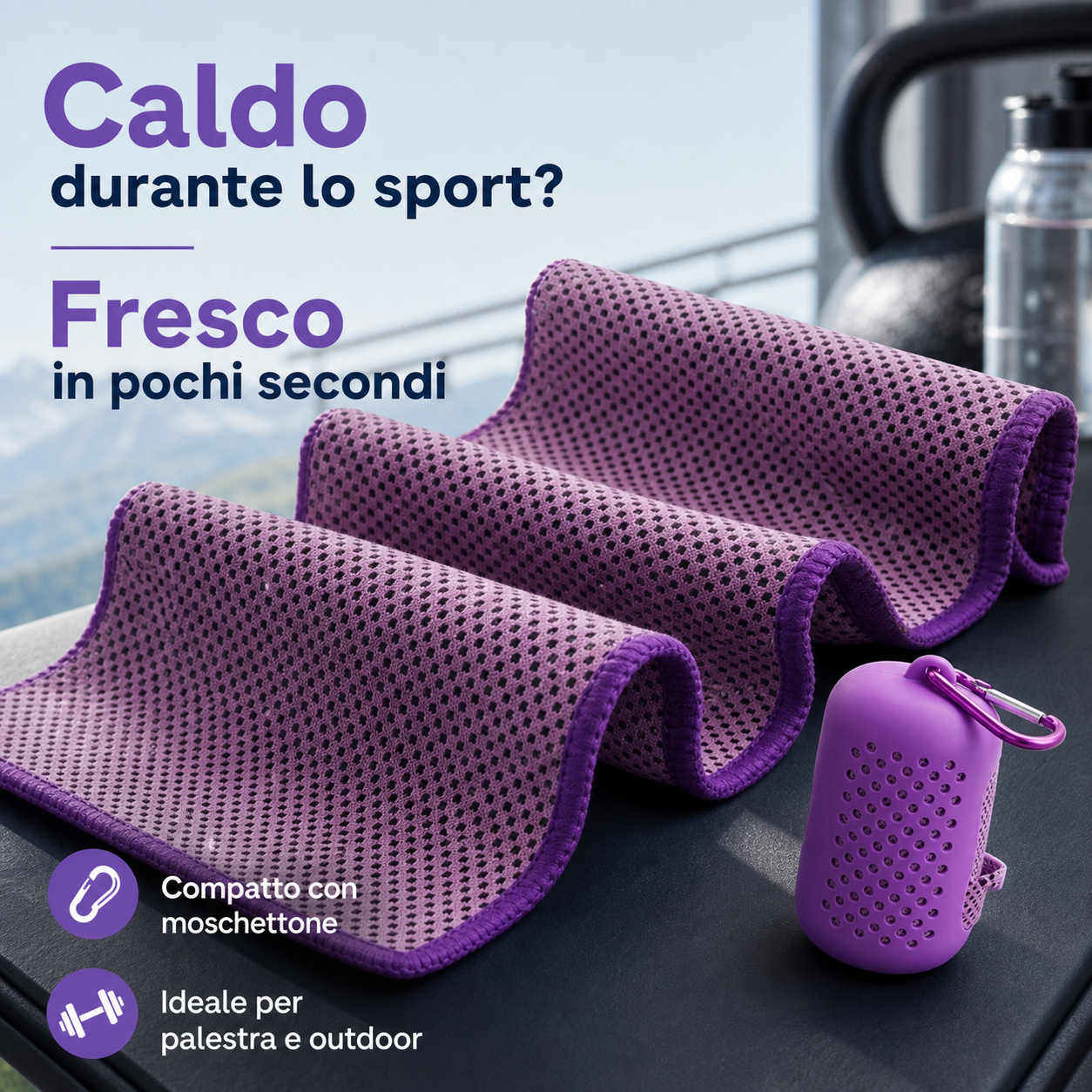 Asciugamano raffreddante sport con messaggi sui benefici contro il caldo