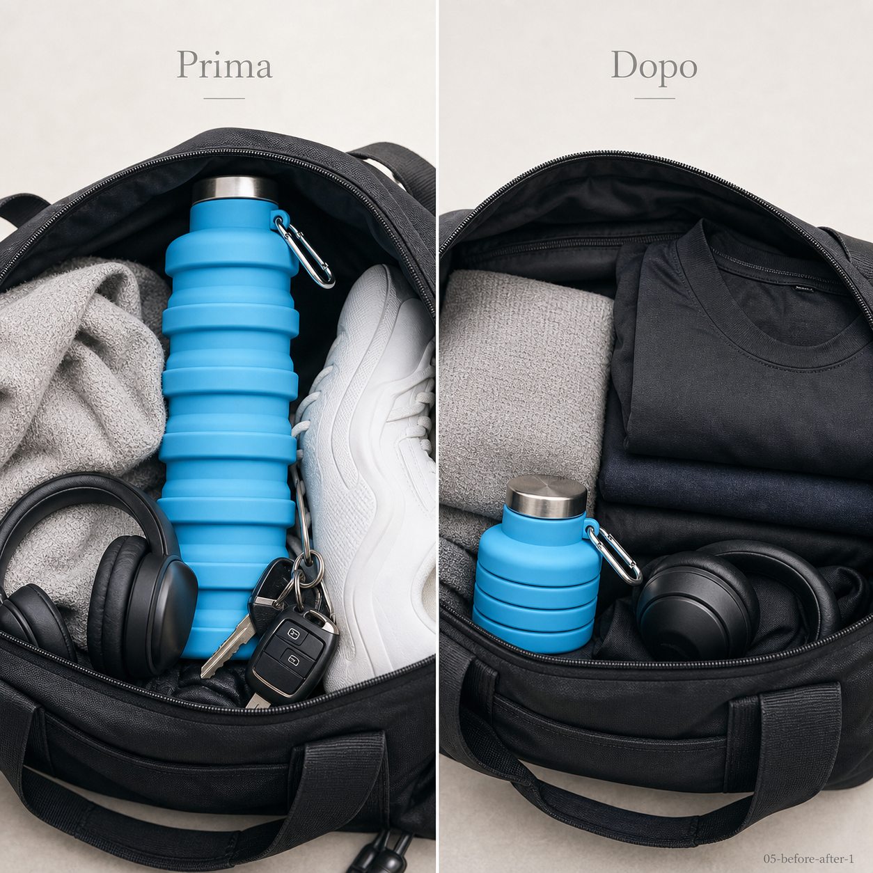 Prima e dopo: borsa sportiva più ordinata con borraccia pieghevole