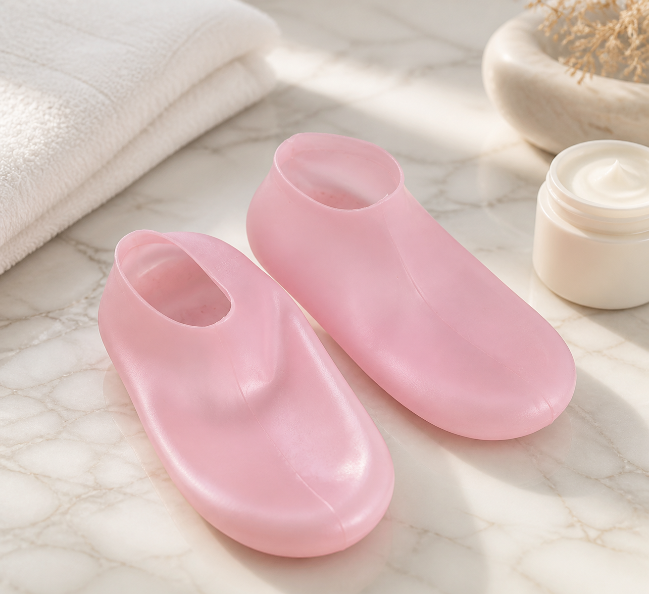 Calze in gel idratanti in contesto spa bagno pulito