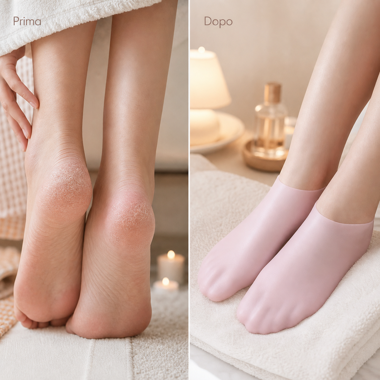 Prima e dopo comfort talloni secchi con calze in gel idratanti