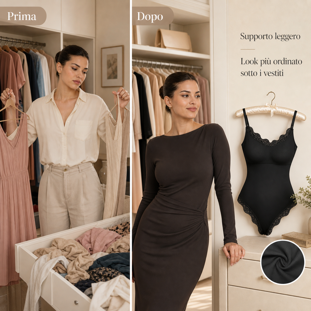 Prima e dopo: outfit più sicuro con body modellante in pizzo