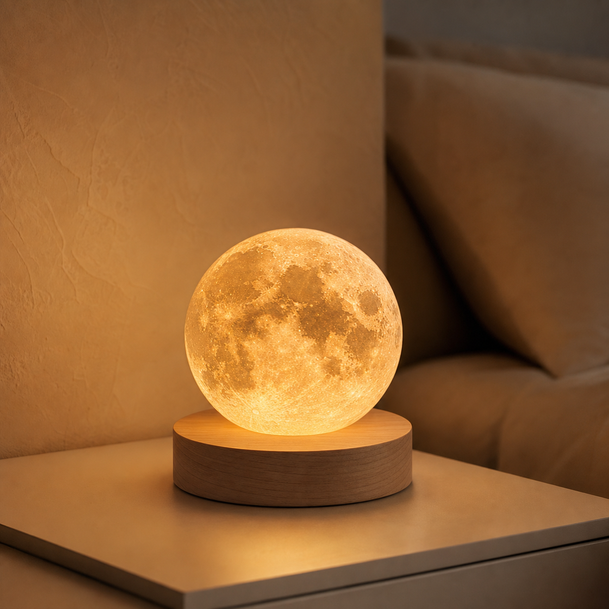 Lampada luna 3D su comodino moderno con luce calda