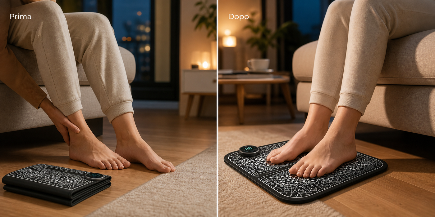Prima e dopo relax piedi con massaggiatore EMS