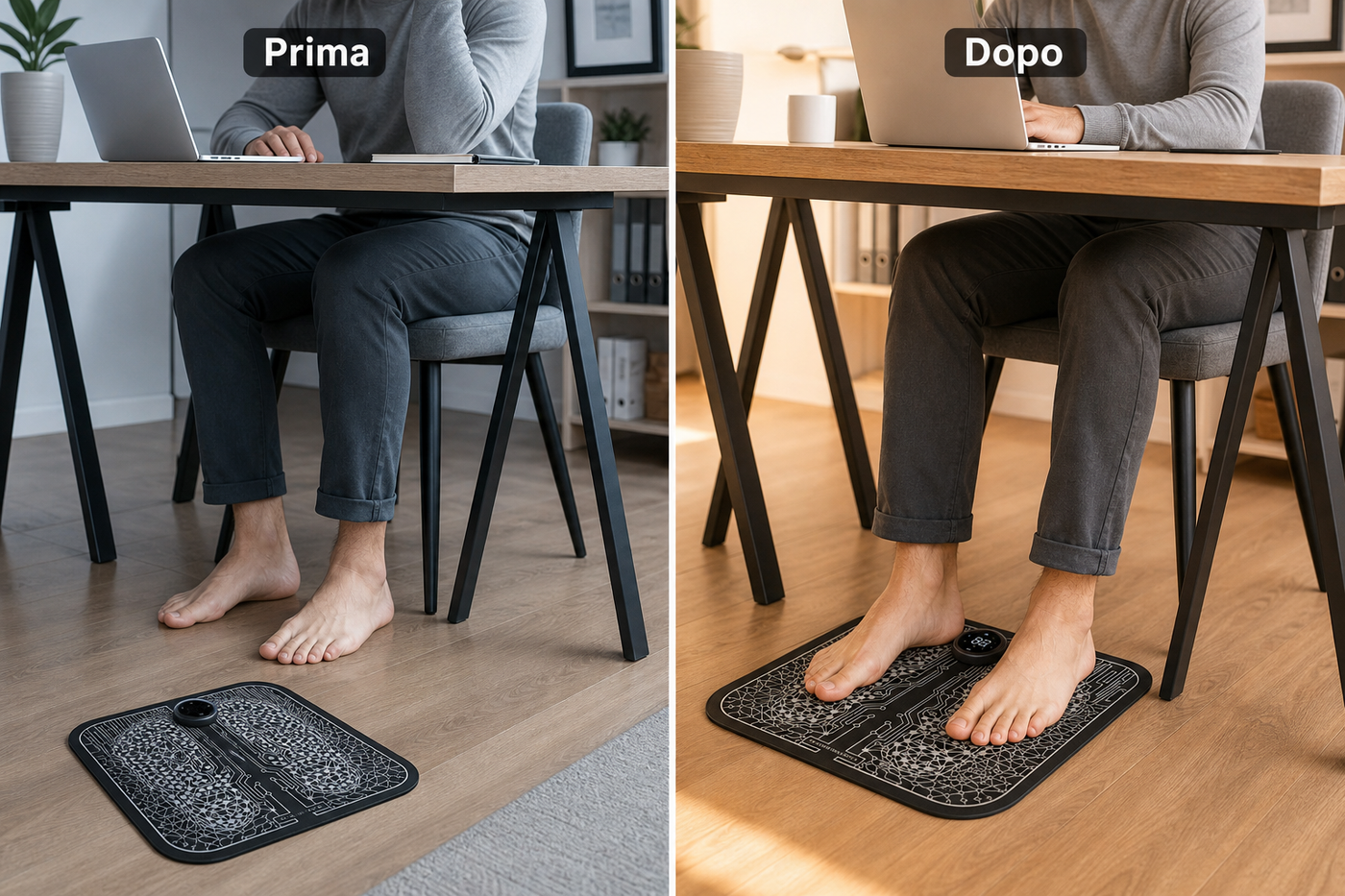 Prima e dopo comfort alla scrivania con massaggiatore EMS