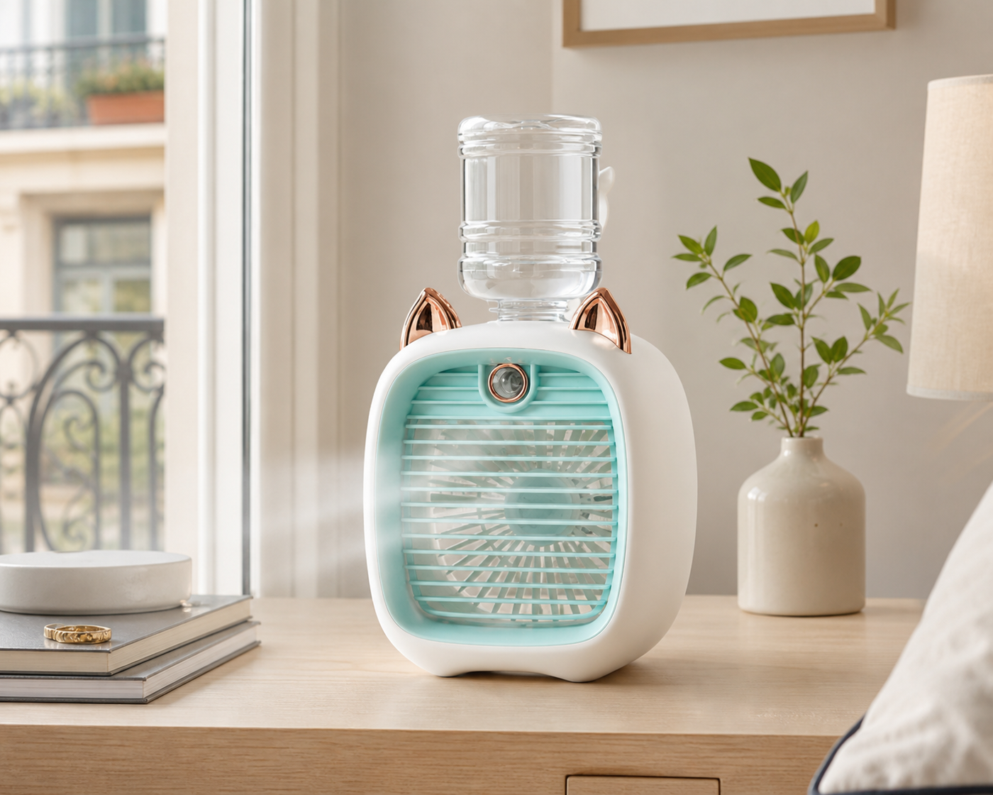 Mini raffrescatore portatile su comodino in ambiente moderno