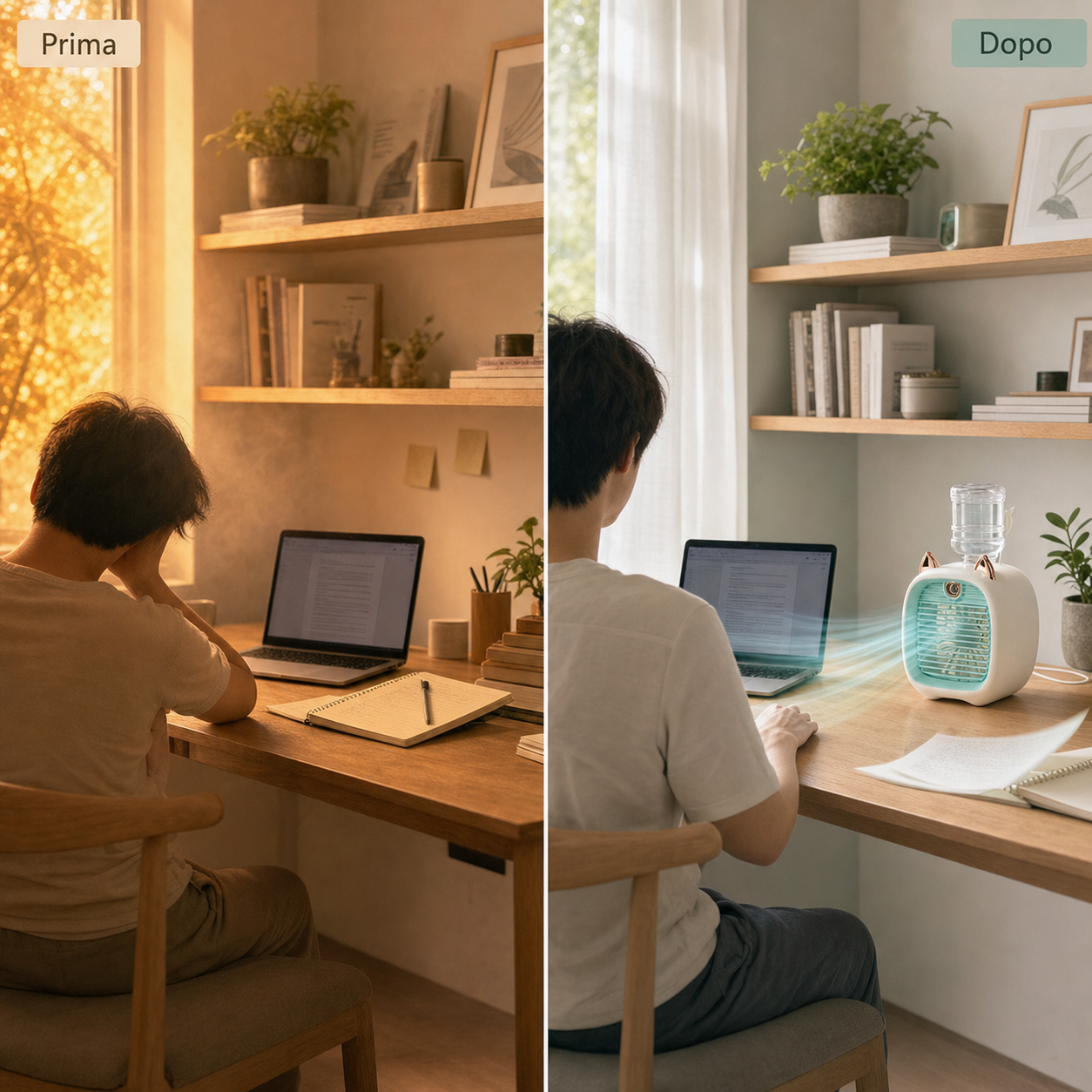 Prima e dopo nello studio con mini raffrescatore d'aria