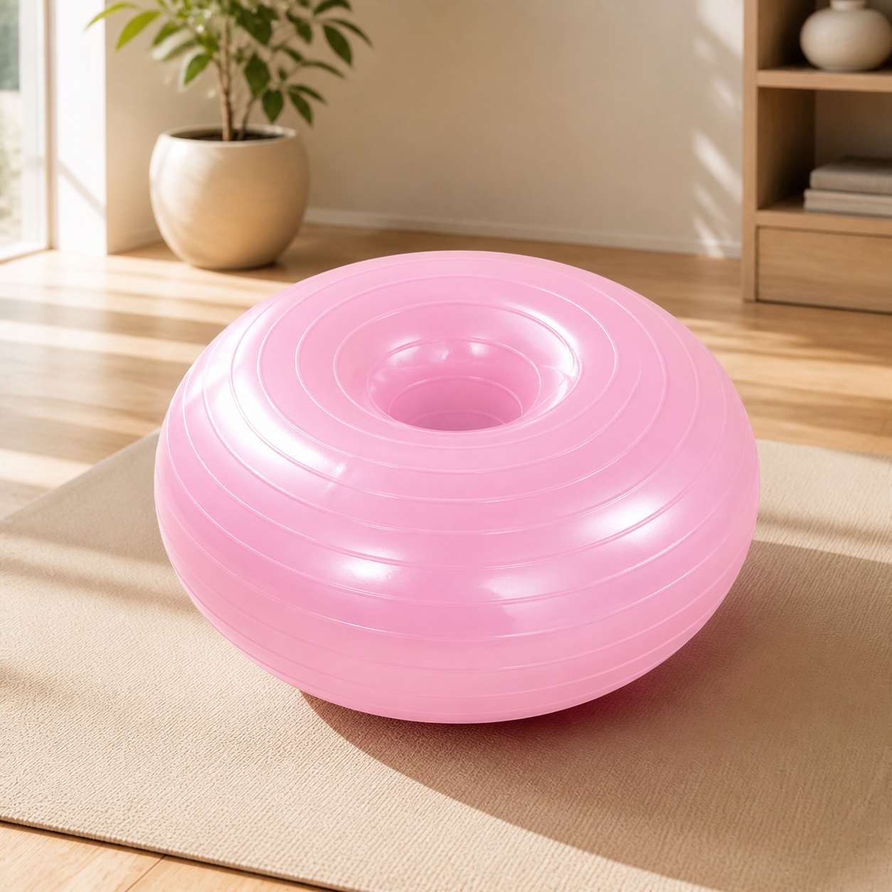Palla Pilates donut in contesto home fitness su tappetino
