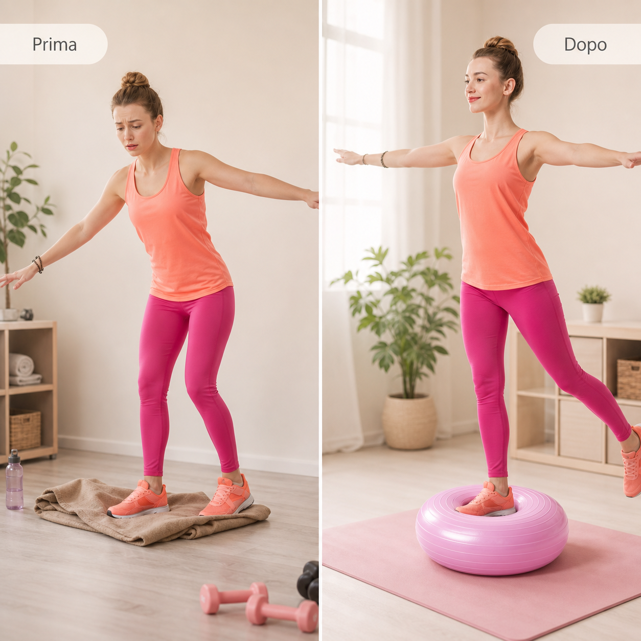 Prima e dopo: esercizi di equilibrio più organizzati con palla Pilates