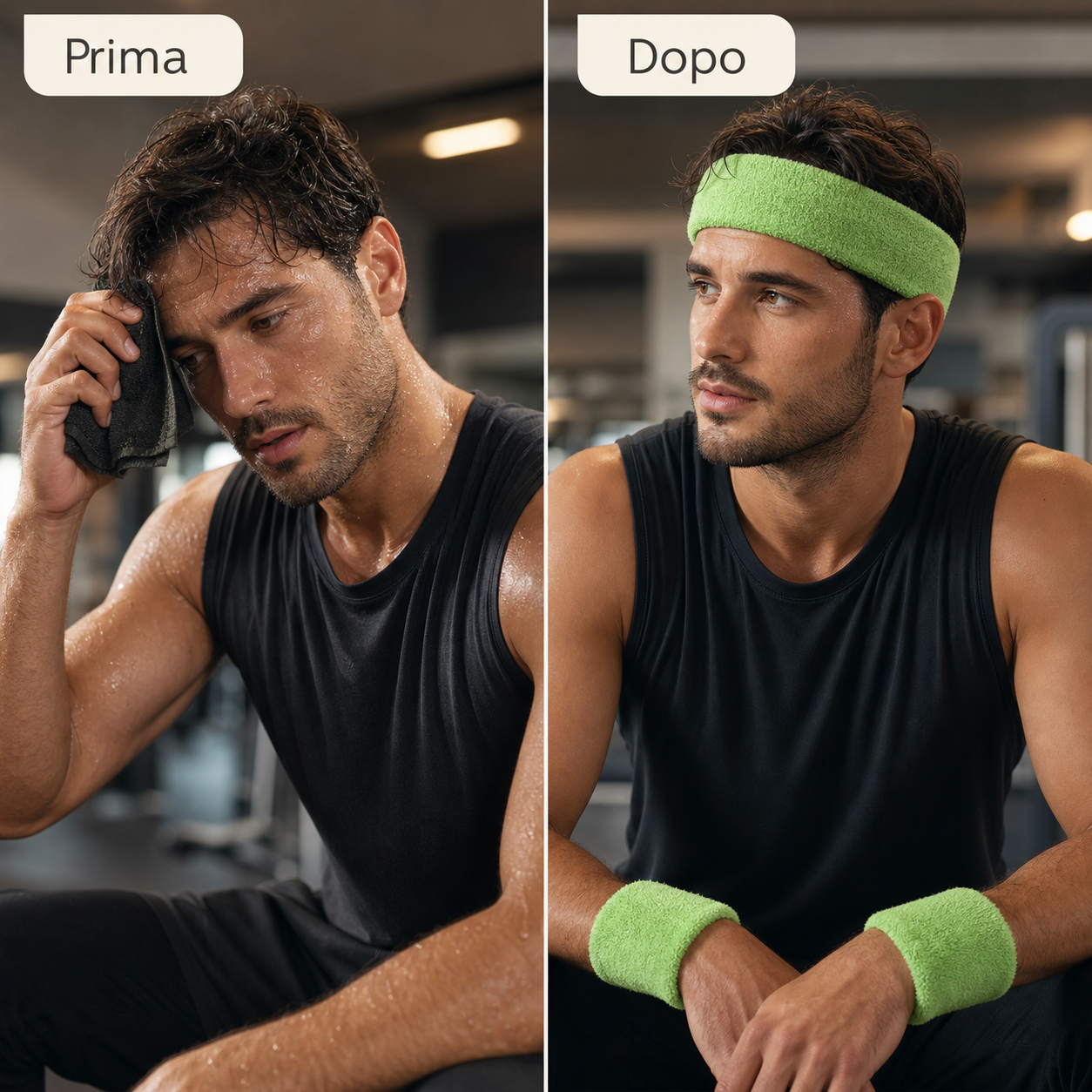 Prima e dopo: allenamento con sudore controllato da fascia e polsini