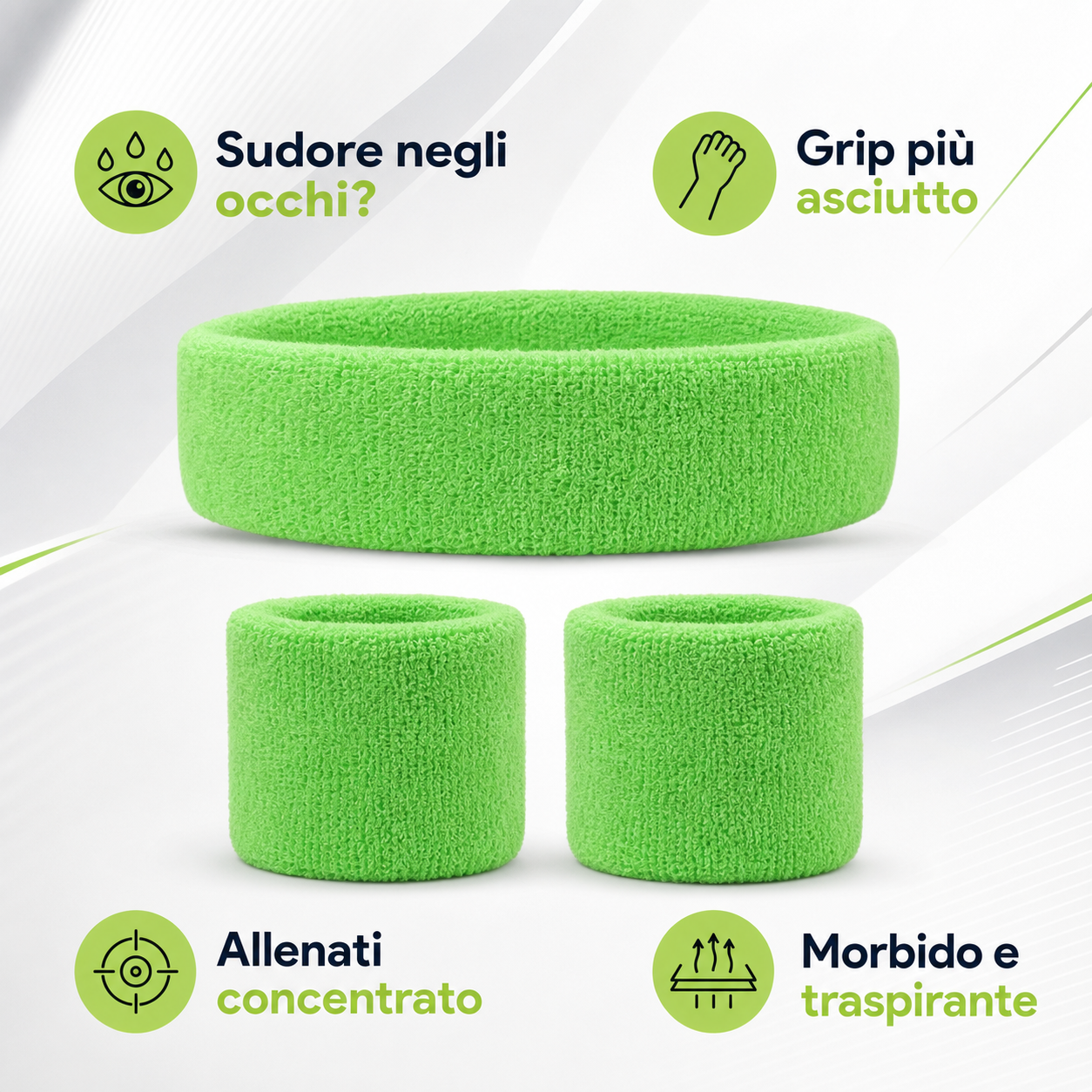 Set fascia e polsini sportivi con messaggi su sudore e concentrazione