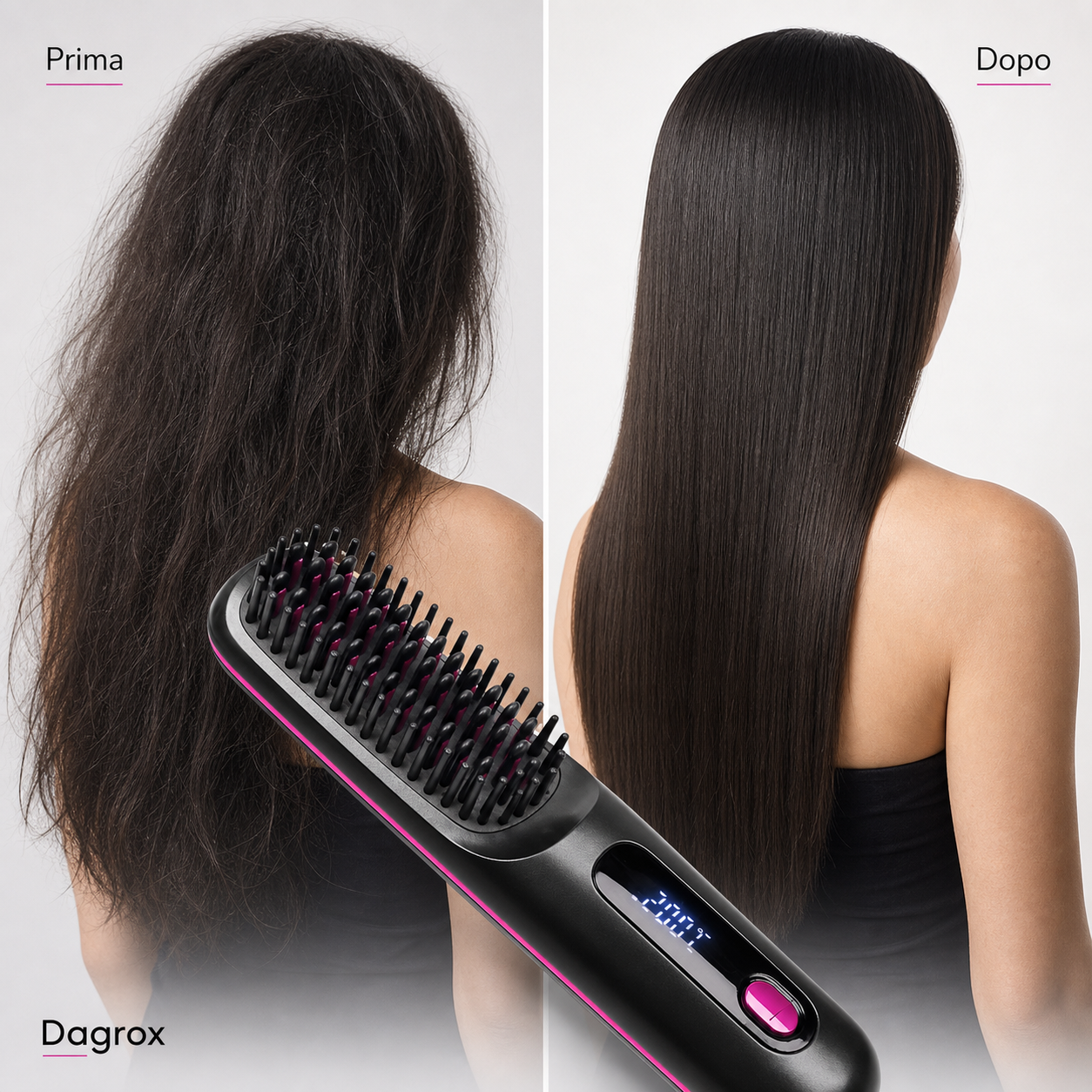 Prima e dopo capelli piu lisci con spazzola lisciante cordless