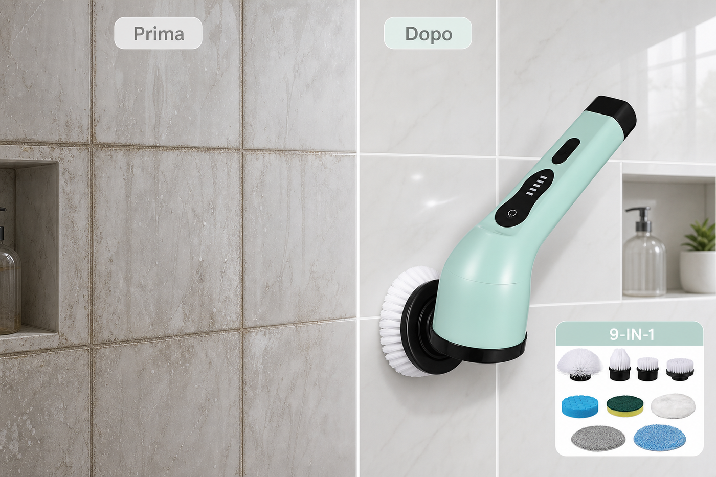 Prima e dopo fughe bagno con spazzola pulizia elettrica