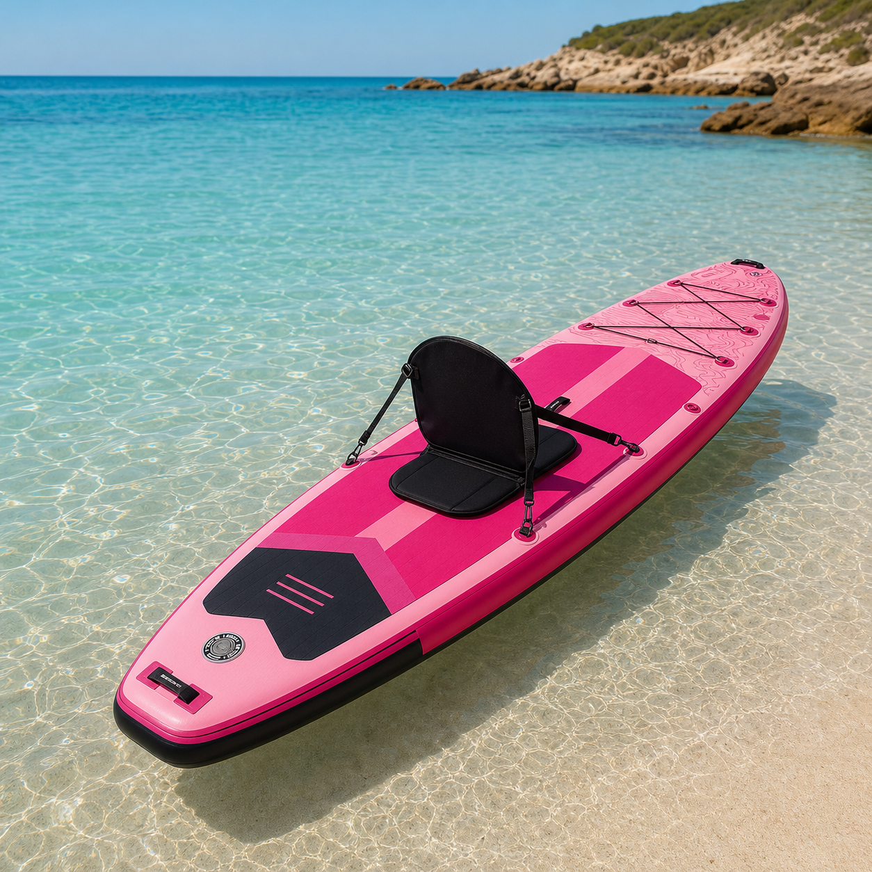SUP rosa con seduta su spiaggia mediterranea pulita