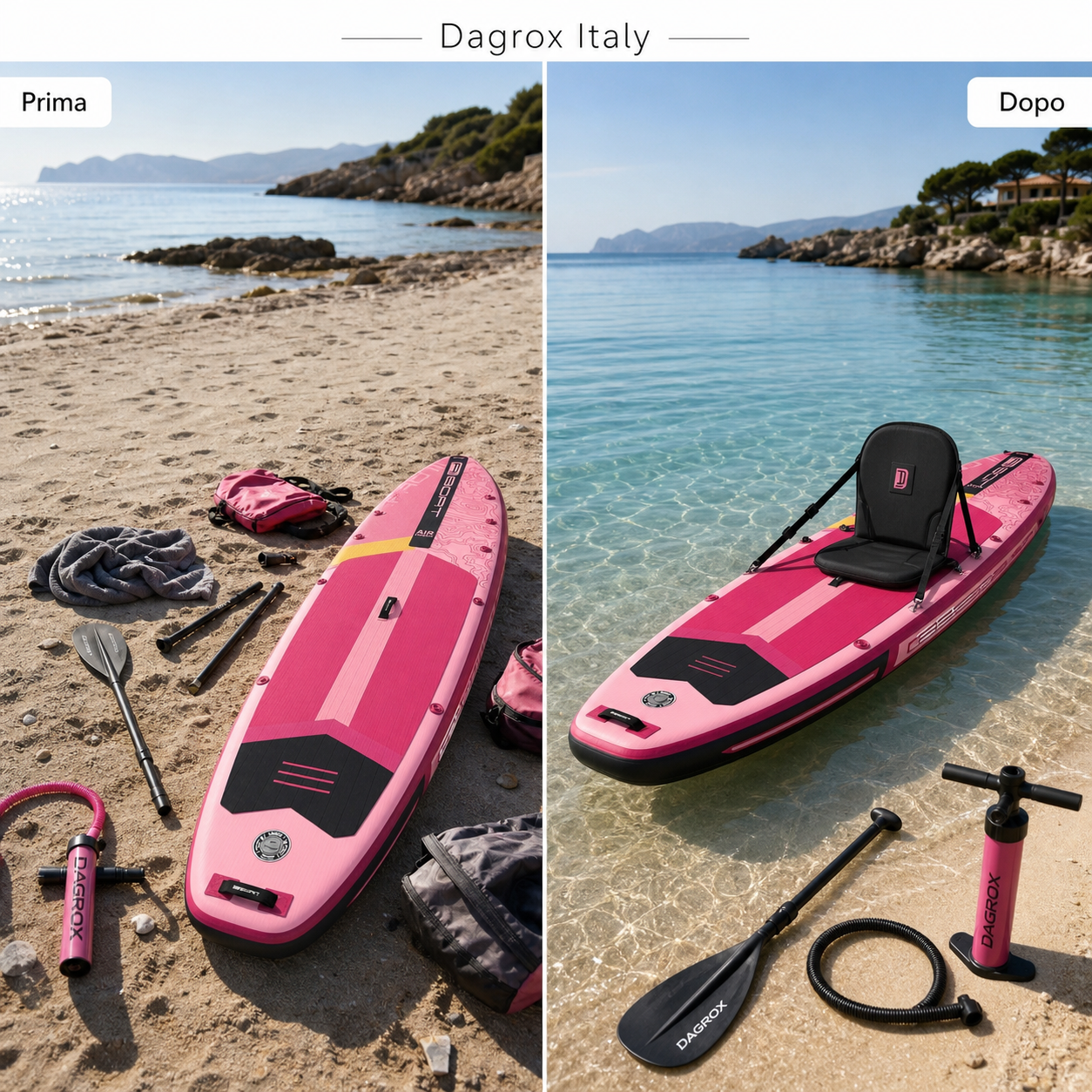 Prima e dopo: setup mare più comodo con SUP rosa e seduta