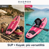 Prima e dopo: modalità SUP e kayak con tavola rosa 2 in 1
