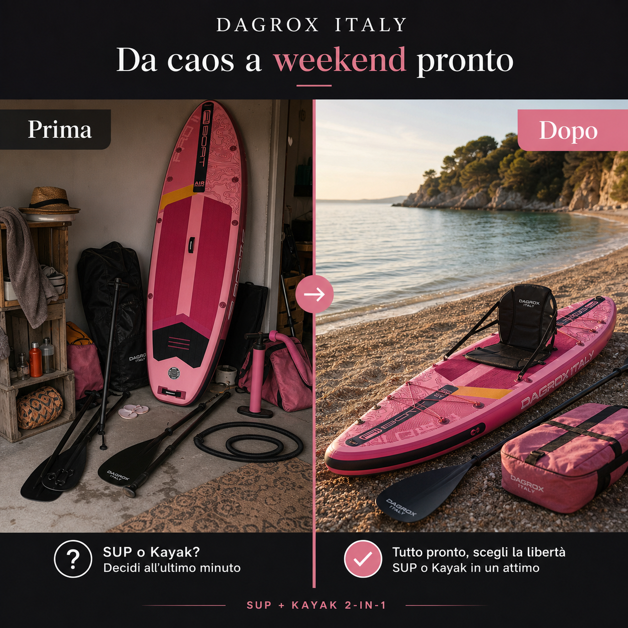 Prima e dopo: kit organizzato per weekend con SUP rosa