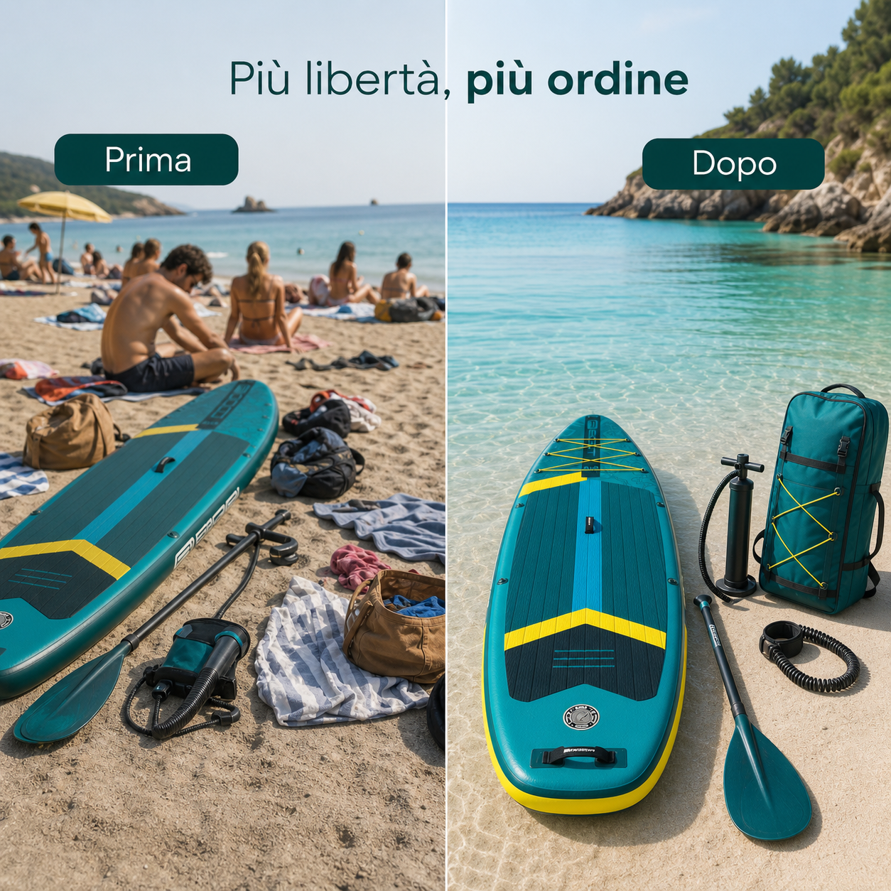 Prima e dopo: più libertà in acqua con SUP gonfiabile verde