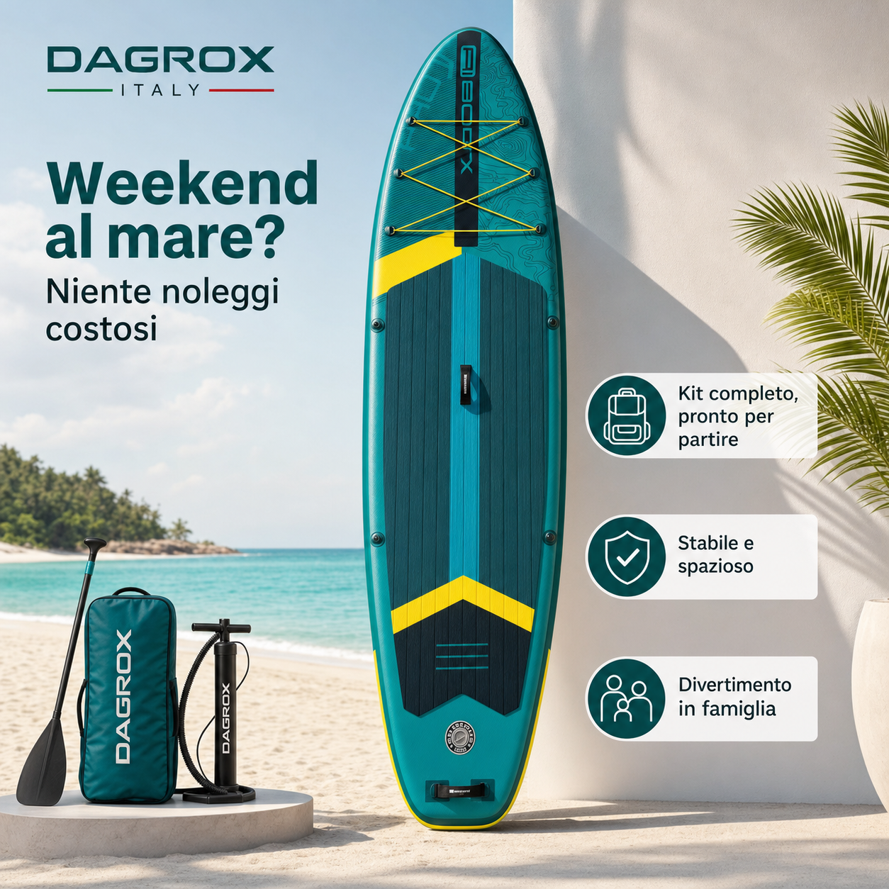 SUP gonfiabile verde con messaggi sui benefici per il weekend al mare