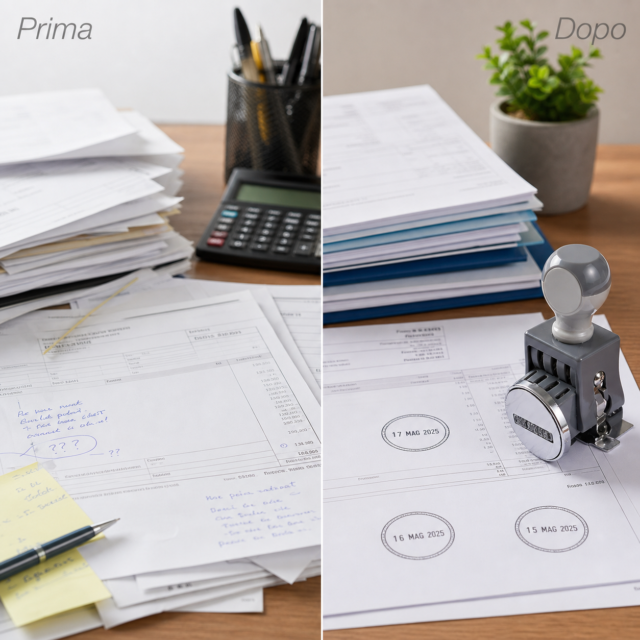 Prima e dopo documenti datati con timbro data manuale