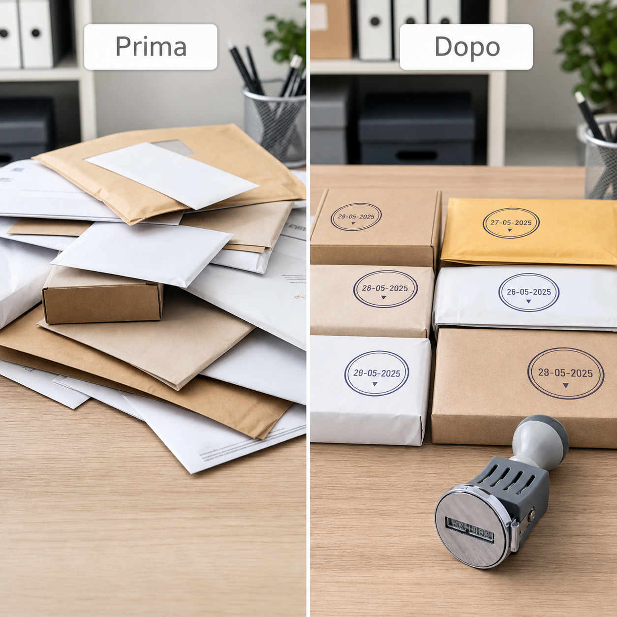 Prima e dopo pacchi e buste organizzati con timbro data