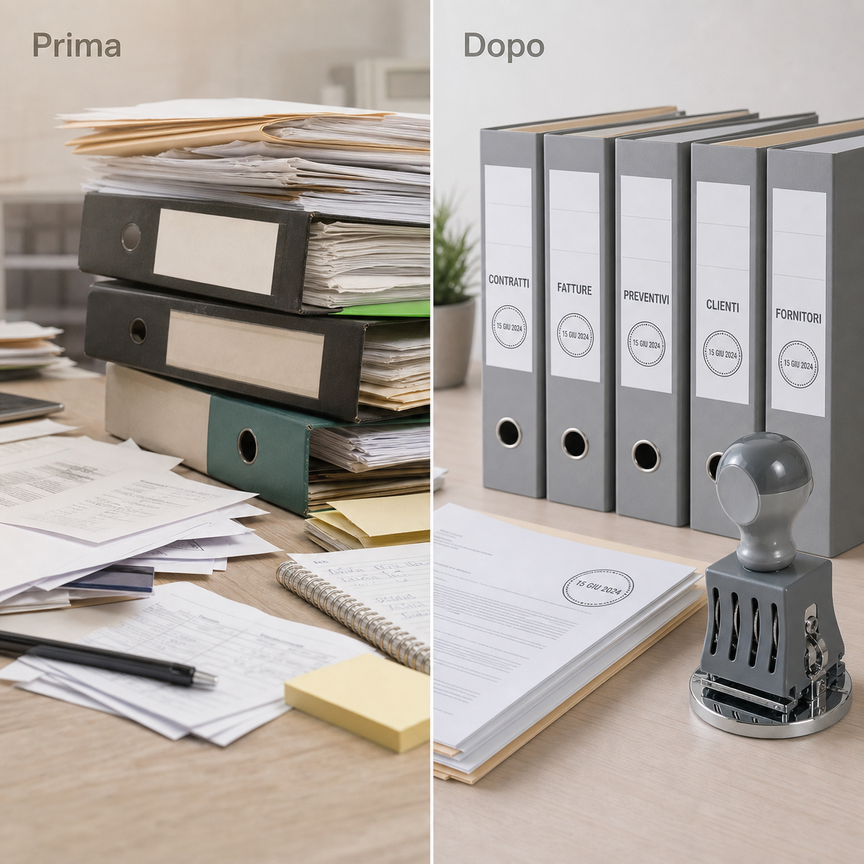 Prima e dopo archivio ufficio con datario manuale